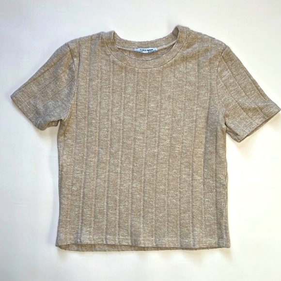 Zara Tops - Zara Cream Oatmeal Fuzzy Ribbed Crop Top T-shirt Cropped